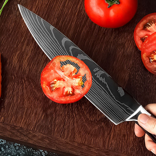 Set 8 cutite profesionale cu suport magnetic stationar salcam, otel Japonez HRC 60 calire laser, maner Deluxe Pakka