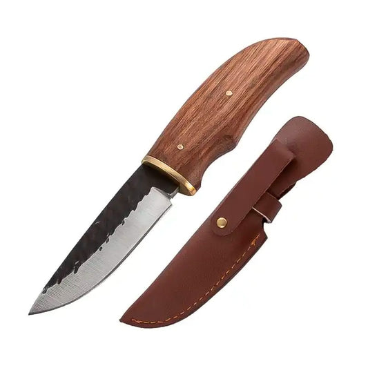 Briceag cu husa piele vegana - Haiduc, lama fixa, otel japonez calire laser, maner lemn, Maro