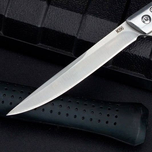 Briceag cu husa piele vegana, lama pliabila, otel CM390, maner lemn santal