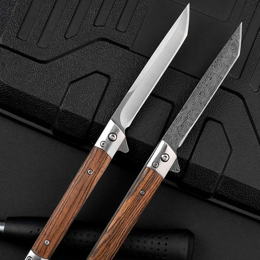 Briceag cu husa piele vegana - Cerb carpatin, varf tip japonez, lama pliabila, otel CM390, maner lemn santal