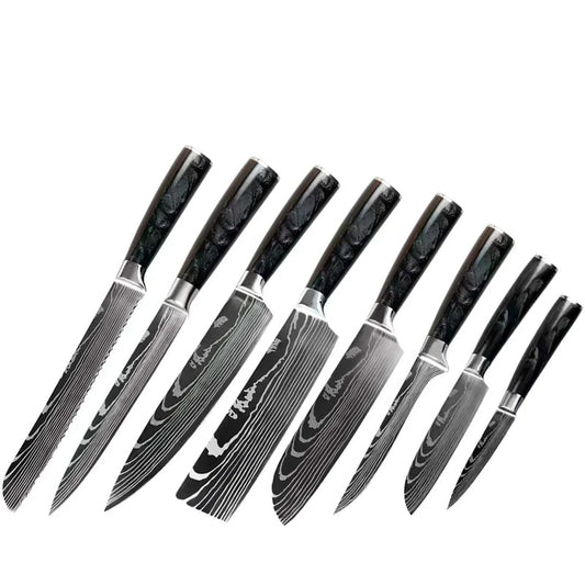 Set 8 cutite profesionale, otel Japonez HRC 60, calire laser, 8 cutite, maner G10