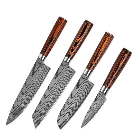 Set 4 cutite profesionale seria JP, otel japonez HRC 60 calire laser, maner Delux Pakka