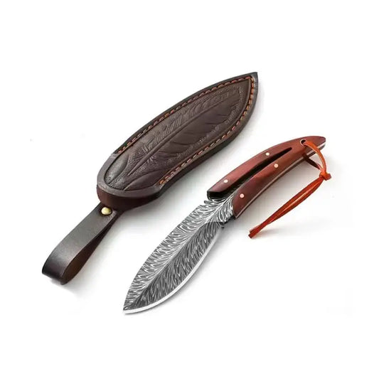 Briceag cu husa piele vegana - Pană de Șoim lama fixa otel japonez calire laser maner Delux Pakka - camping