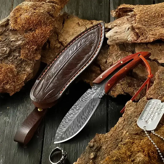 Briceag cu husa piele vegana - Pană de Șoim lama fixa otel japonez calire laser maner Delux Pakka - camping