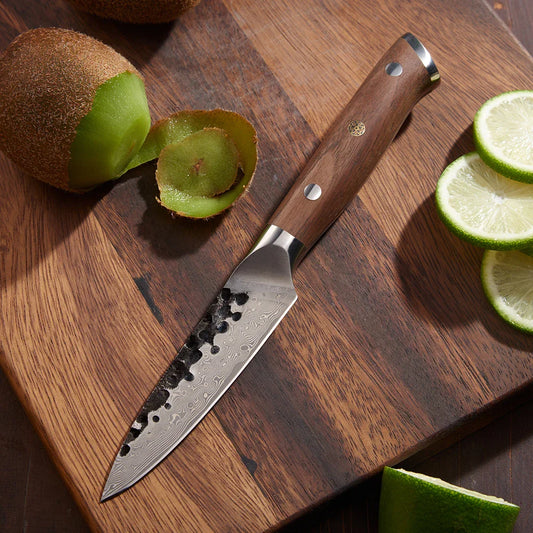 Cuțit de Curățat din Oțel Damasc – Precizie Japoneză pentru Tăieri Fine, cu Mâner Ergonomic din Lemn de Nuc