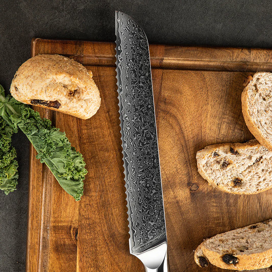 Cuțit de Pâine 20 cm – Lamă Damasc VG-10, Mâner din Rășină și Fibră de Carbon, Tăieri Precise fără Zdrobire