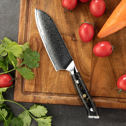 Cuțit Santoku – Cuțit Universal Profesional cu Lamă Damasc, Ideal pentru Felierea Cărnii, Peștelui și Legumelor