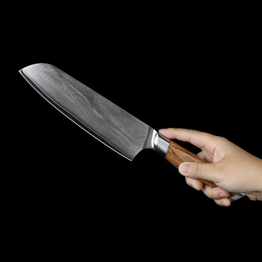Cuțit Santoku – Lamă VG-10 de 18 cm, Mâner din Lemn de Măslin, Ideal pentru Feliere, Tăiere și Tocare Precisă