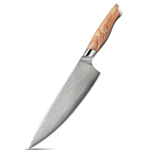 Cuțit de Bucătar – Lamă VG-10 Sandblasted, Mâner din Lemn de Măslin Natural, Ideal pentru Tăiere Precisă