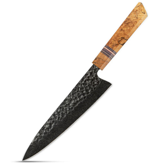 Cuțitul Bucătarului Profesional – Oțel Carbon cu Finisaj Hammered, Mâner din Arțar pentru Precizie și Eleganță