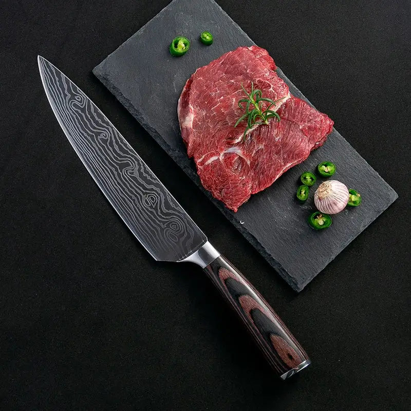 Cutit profesional - Chef otel japonez HRC 60 calire laser maner Delux Pakka - cutit bucatarie