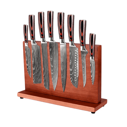 Set 8 cutite profesionale cu suport magnetic stationar salcam, otel Japonez HRC 60 calire laser, maner Deluxe Pakka