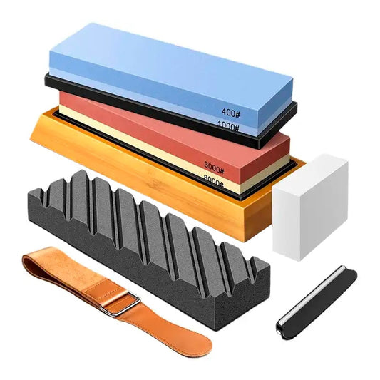 Ascuțitor profesional pentru cuțite cu suport din lemn, set complet cu 5 pietre de șlefuit: 400/1000, 3000/8000 Grit