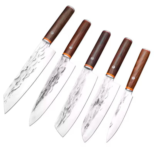 Set 5 cutite profesionale seria Timeless, otel japonez HRC 60 calire manuala, maner de lemn
