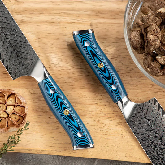 Set de Cuțite Damasc 73 Straturi – Design Unic H243 cu Mânere Albastre, Performanță și Eleganță în Bucătărie