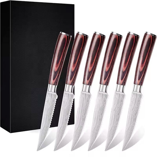 Set de 6 cutite tip Steak, otel japonez HRC 60 calire laser, maner Delux Pakka