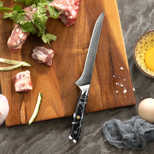 Cuțit Profesional Honesuki – Lamă din Oțel Damasc, Ideal pentru Dezosat și Filetat Carne sau Pește