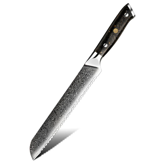 Cuțit de Pâine 20 cm – Lamă Damasc VG-10, Mâner din Rășină și Fibră de Carbon, Tăieri Precise fără Zdrobire
