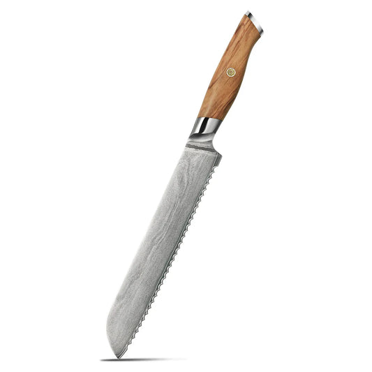 Cuțit de Pâine – Lamă Zimțată VG-10, Mâner din Lemn de Măslin, Ideal pentru Felierea Pâinii și Produselor de Patiserie