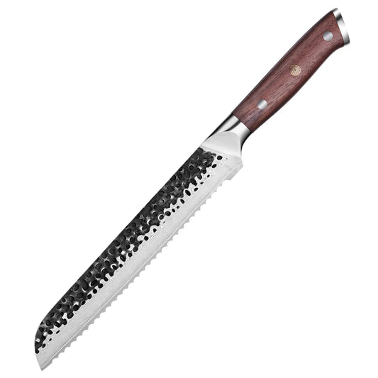 Cuțit de Pâine – Lamă Damasc VG-10 20cm, Finisaj Kurouchi, Mâner din Lemn de Nuc Premium