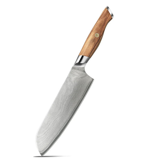 Cuțit Santoku – Lamă VG-10 de 18 cm, Mâner din Lemn de Măslin, Ideal pentru Feliere, Tăiere și Tocare Precisă
