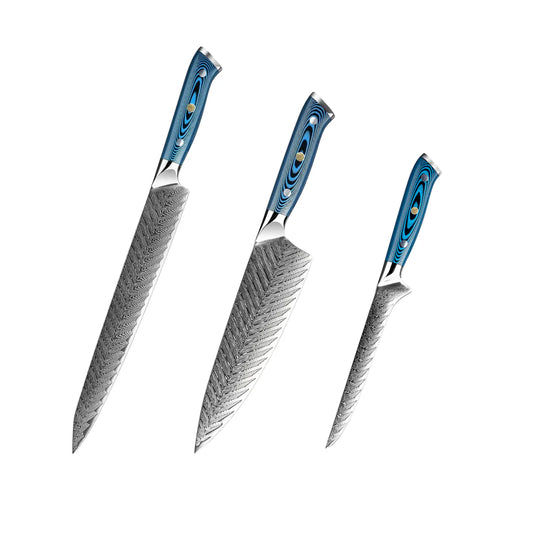 Set de Cuțite Damasc 73 Straturi – Design Unic H243 cu Mânere Albastre, Performanță și Eleganță în Bucătărie